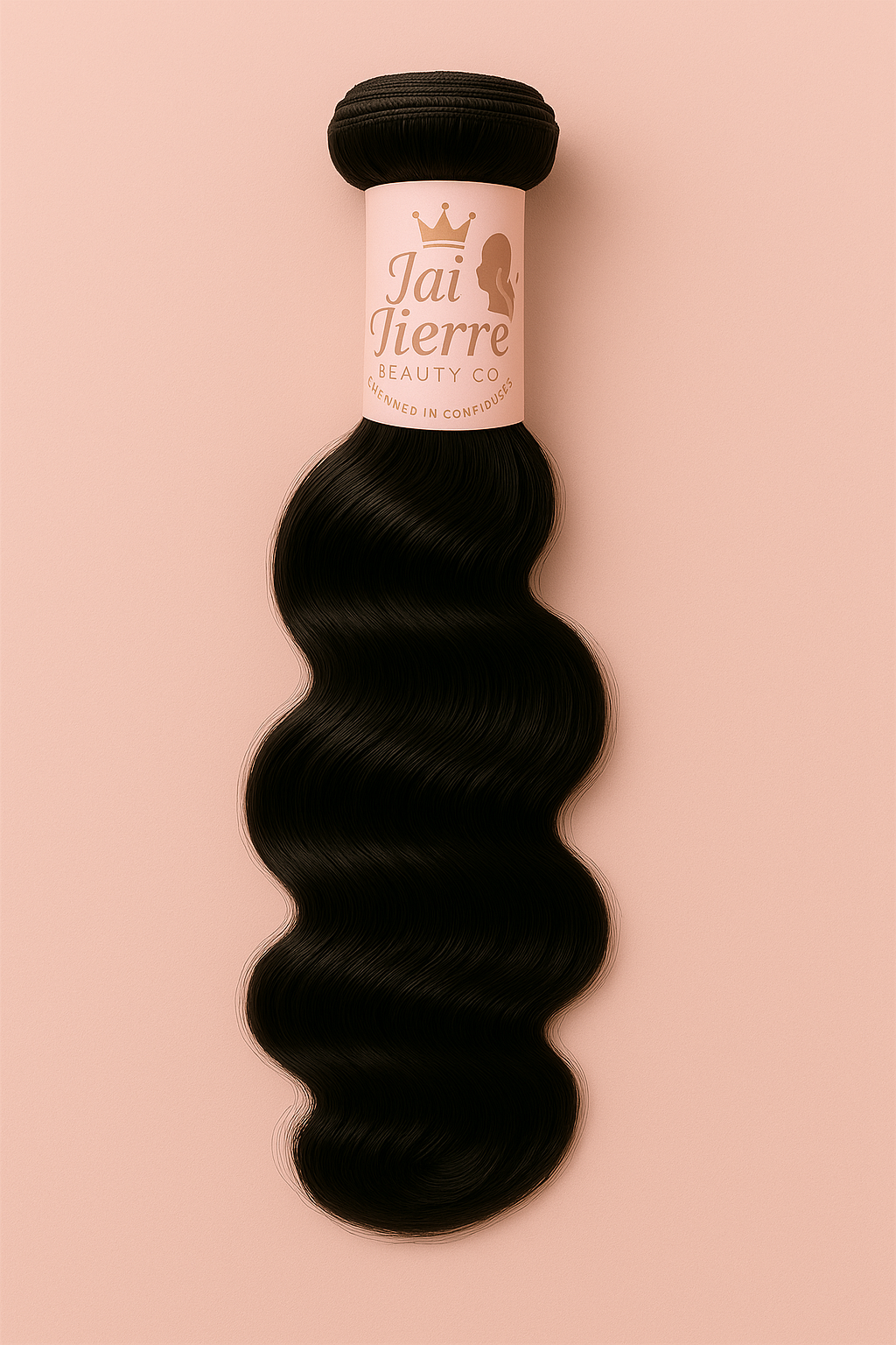 Black hair extensions with a visible brand label on a pink background