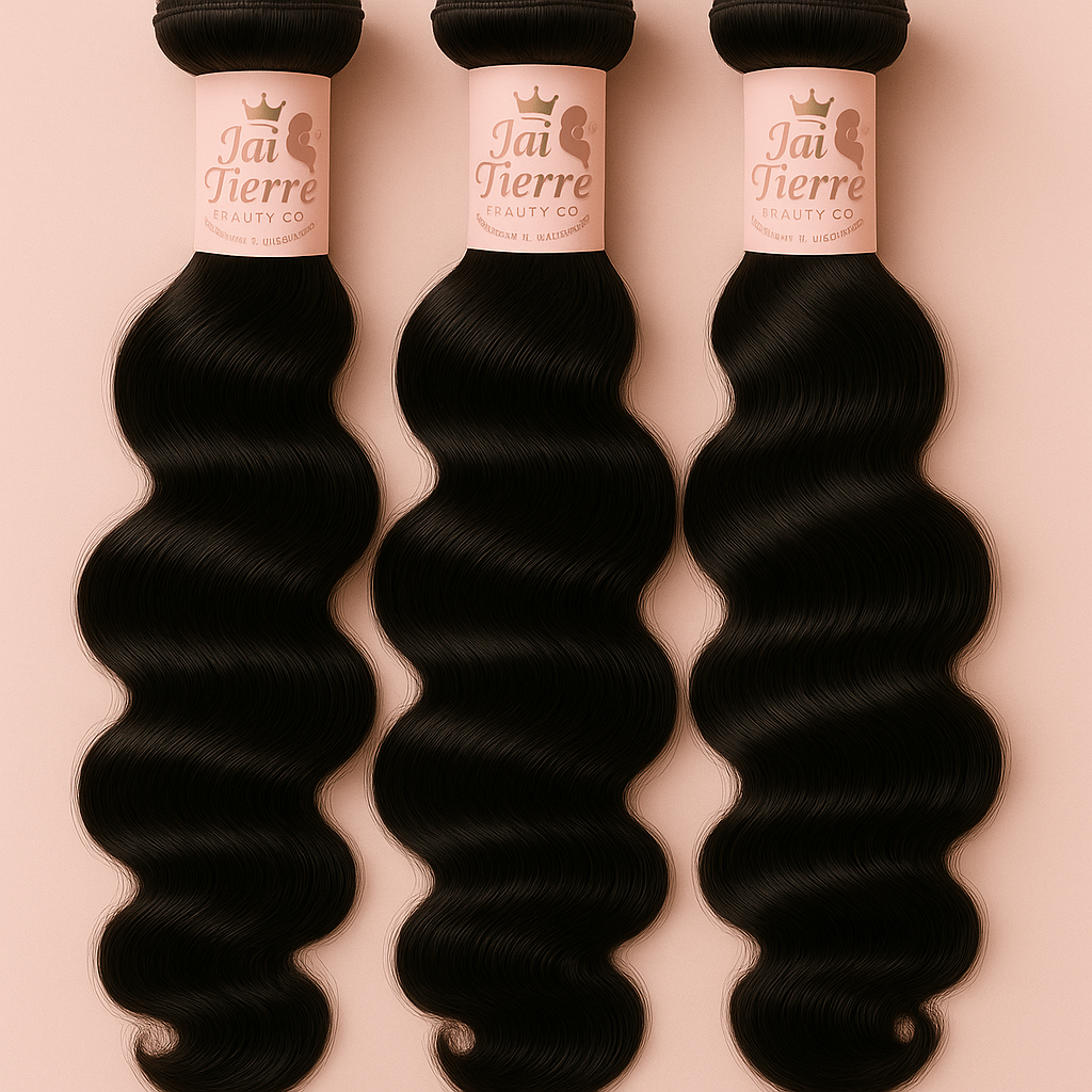 Three bundles of black hair extensions with 'Jai Tierre' labels on a beige background
